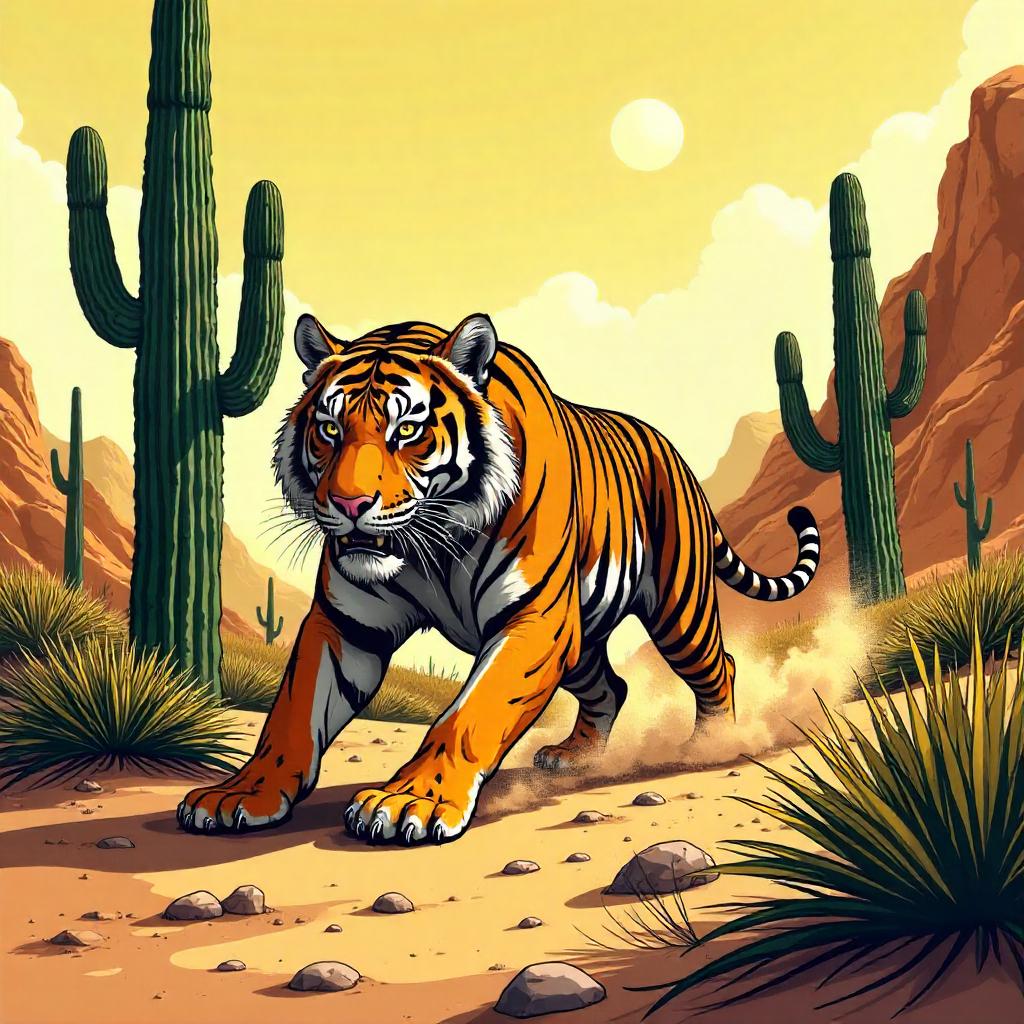 Tiger in the Desert: Comic Splash Among Cacti