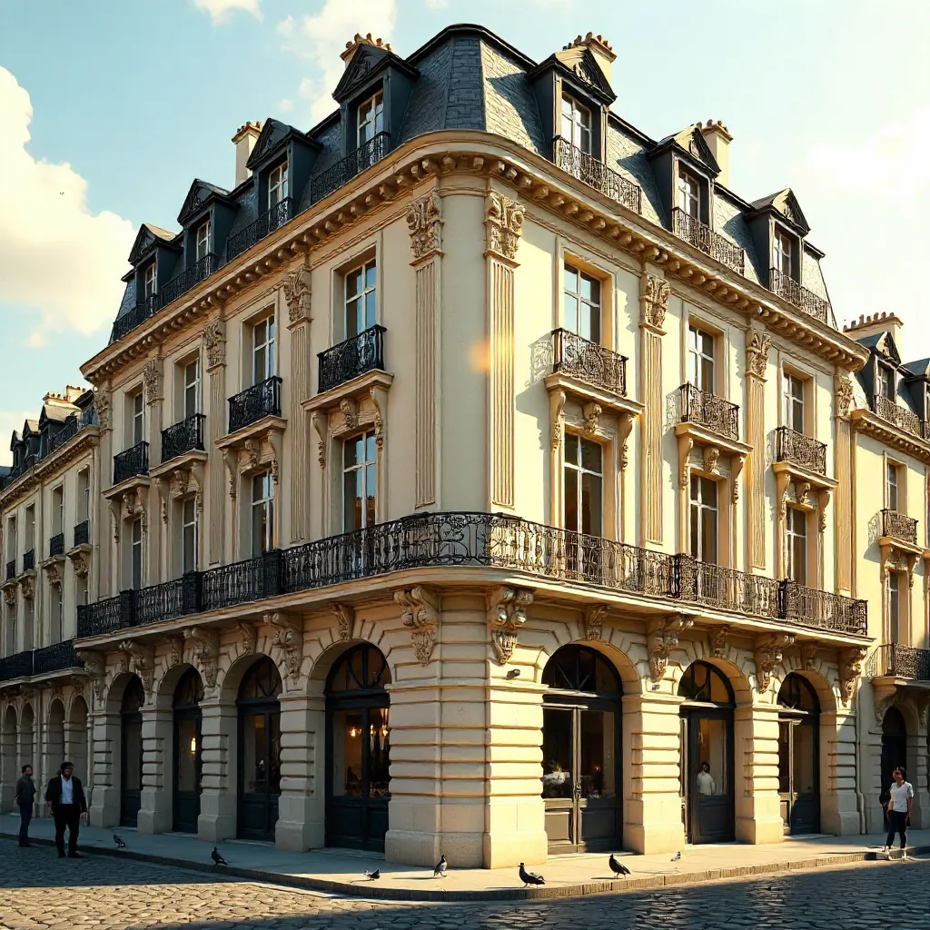 Sunlit Corner Haussmann Facade at Golden Hour