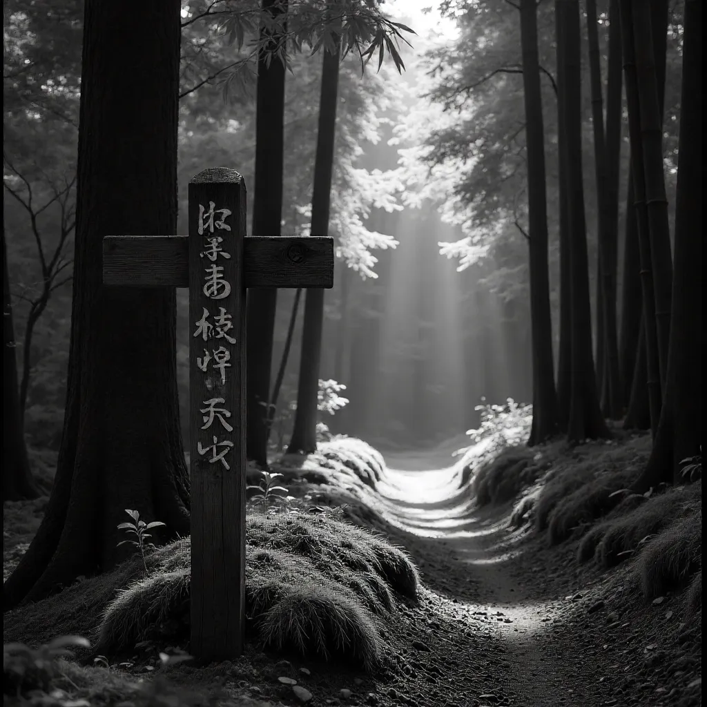 Black and White Sign in a Tranquil Kyoto Forest