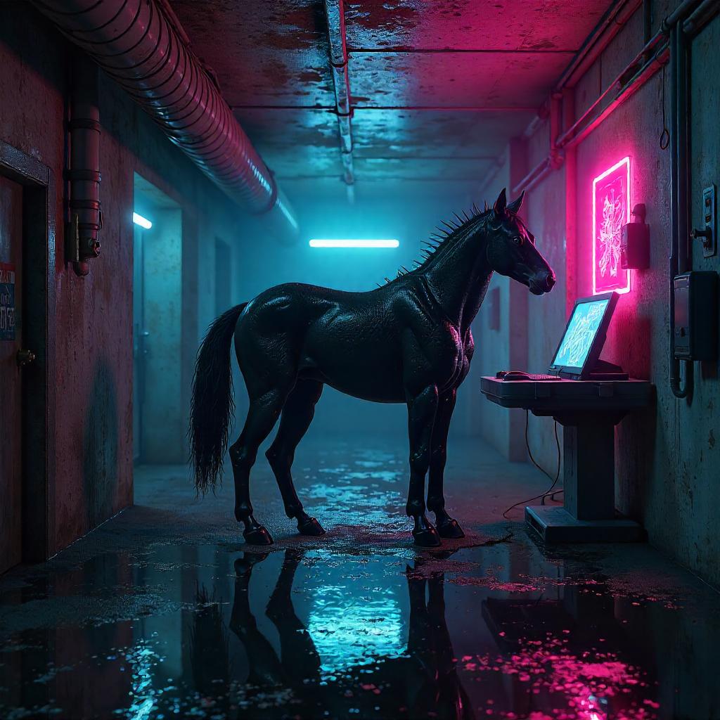 Neon Kelpie in a Cyberpunk Bunker