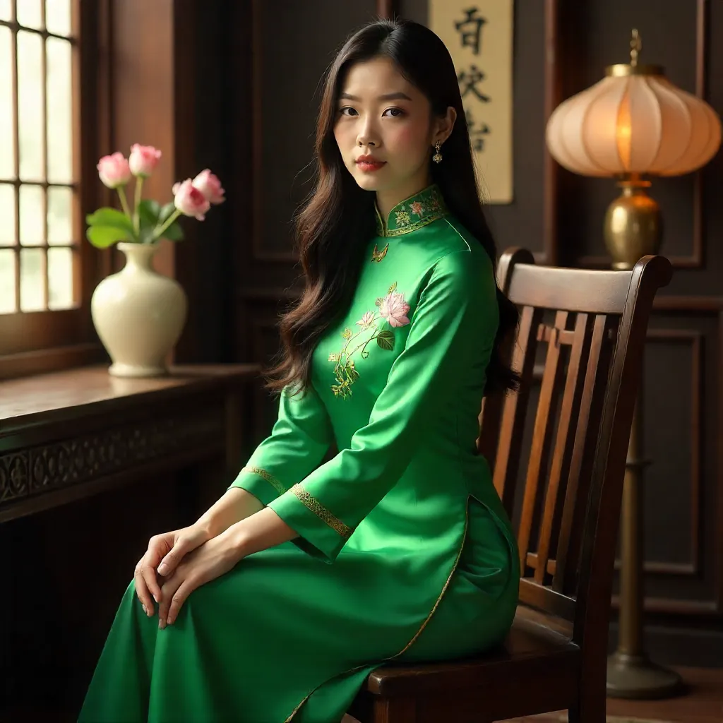 Portrait of Vietnamese Woman in a Green Ao Dai Indoors