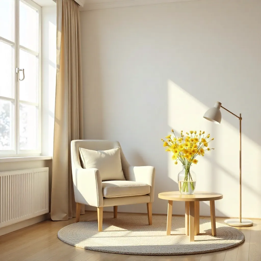 Serene Minimalist Living Room with Beige Armchair and Yellow Flowers