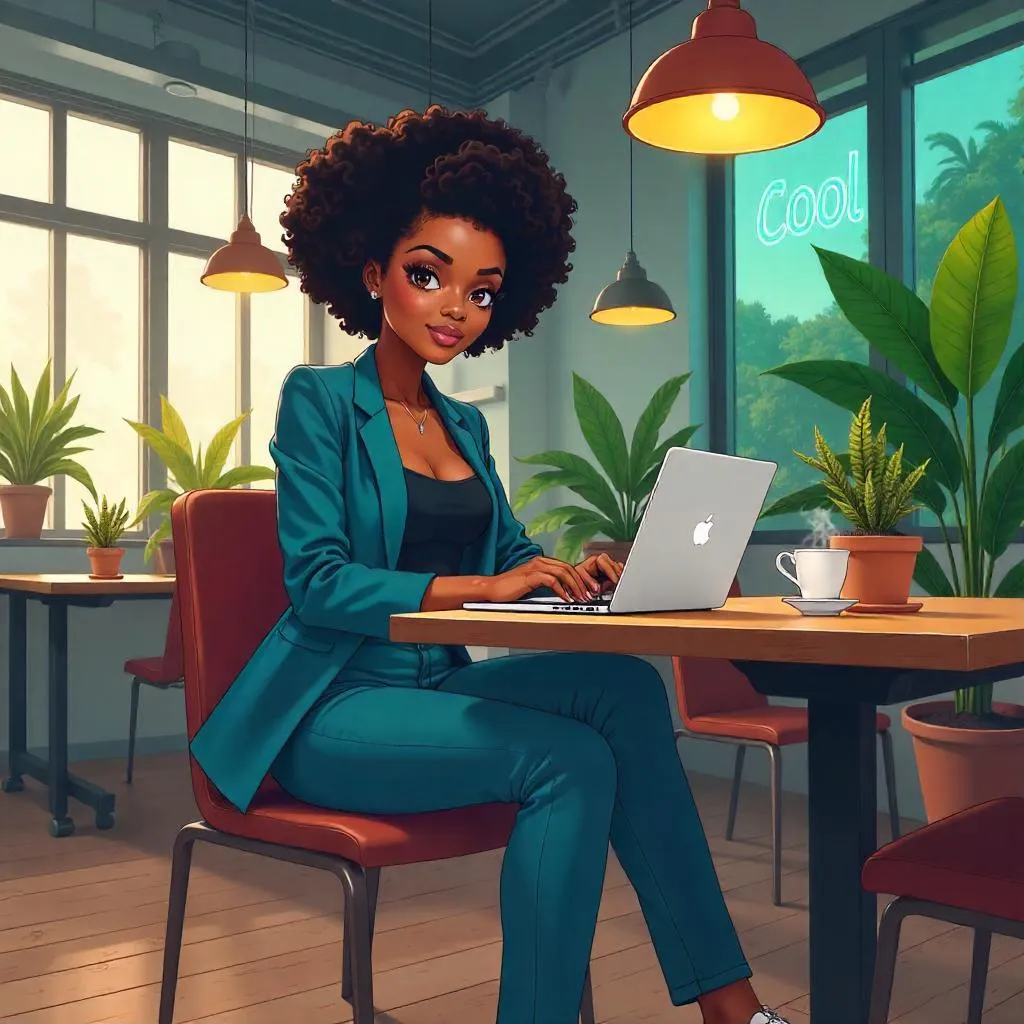 Stylish Black Woman in Anime Coworking Space