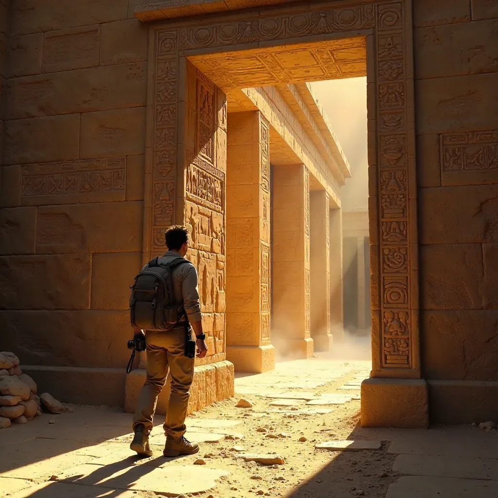 Explorer at the Threshold of an Ancient Egyptian Temple