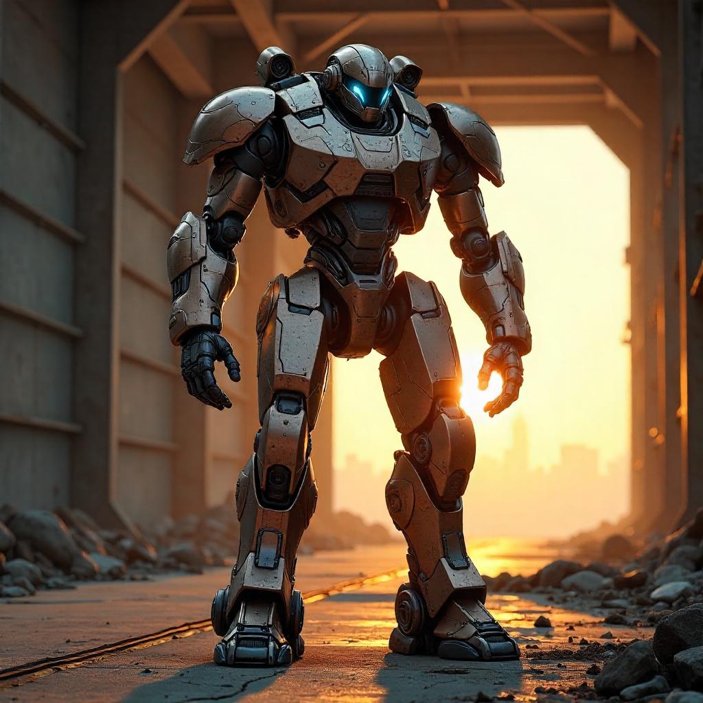 Sunset Mech Suit: 3D Render in Golden Hour