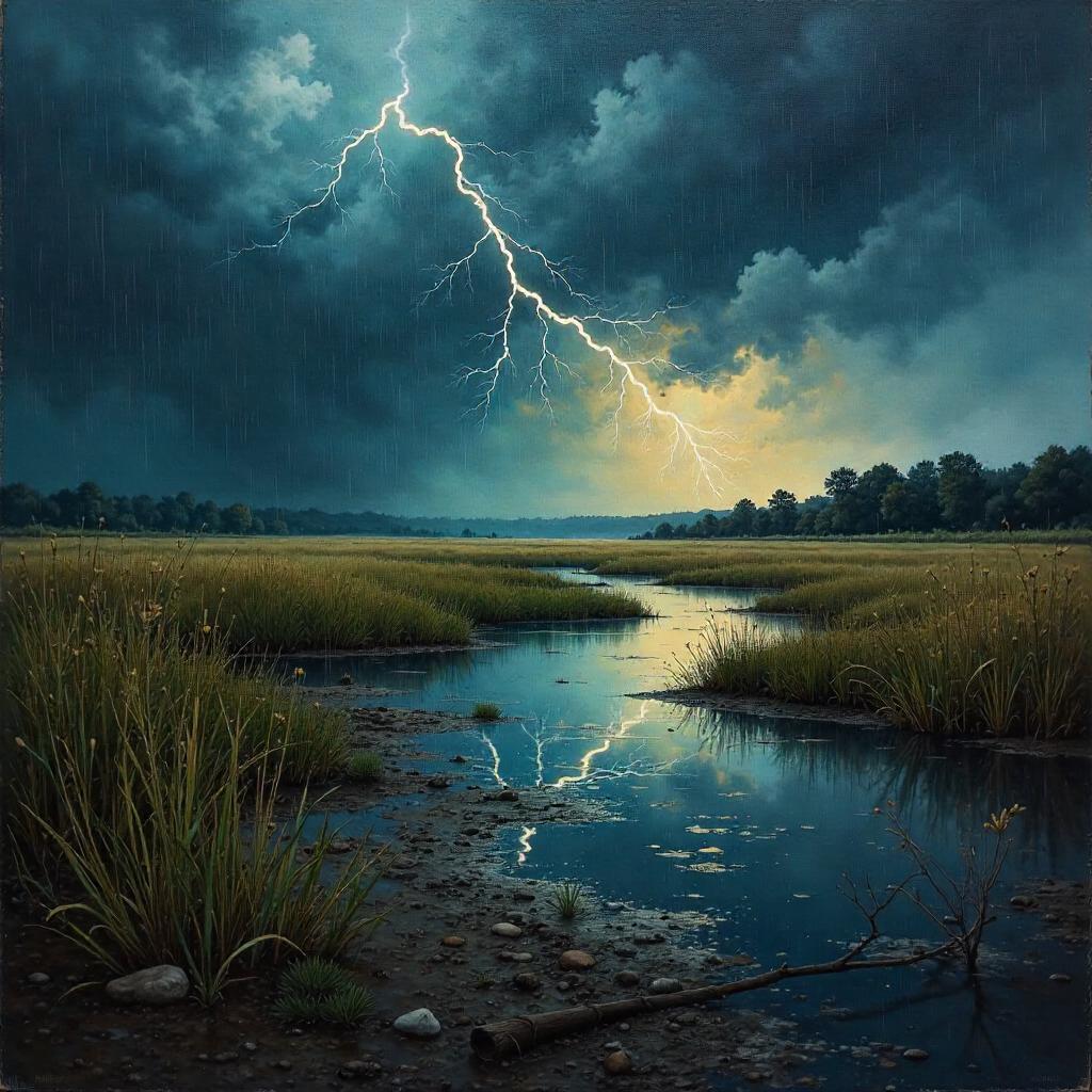 Storm-Washed Marsh in Oil: Thunderstorm Portrait