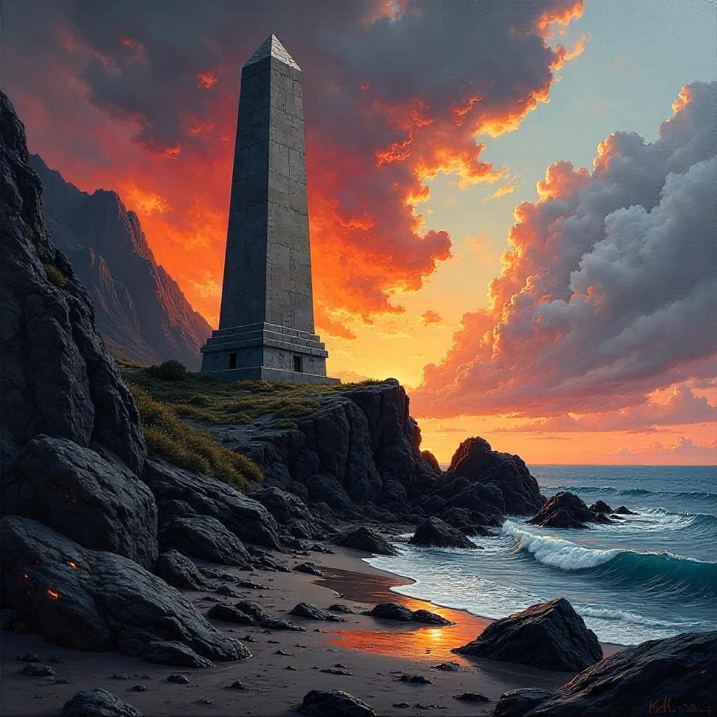 Monument on Volcanic Rocks in Oil Painting