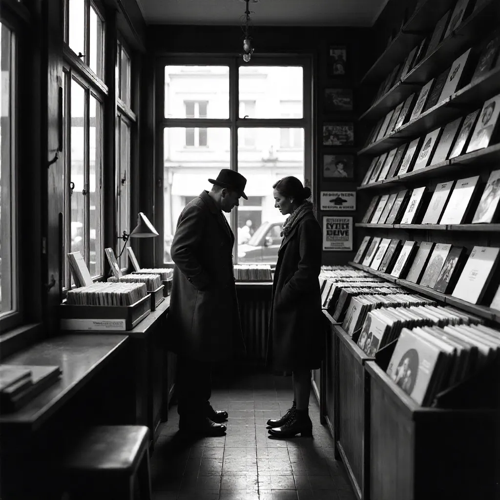 Monochrome Vinyl Browsers in a Nancy Record Store