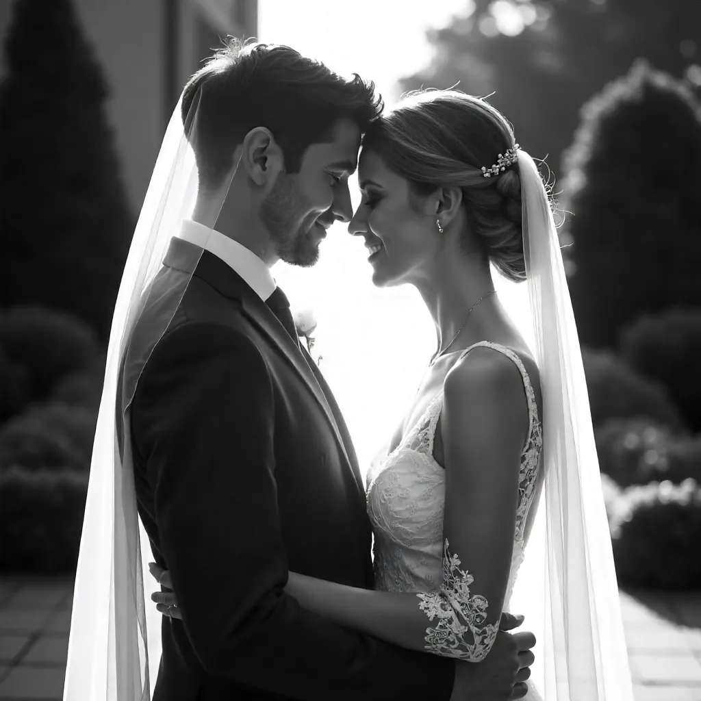 Under the Veil: A Romantic Black-and-White Wedding Moment