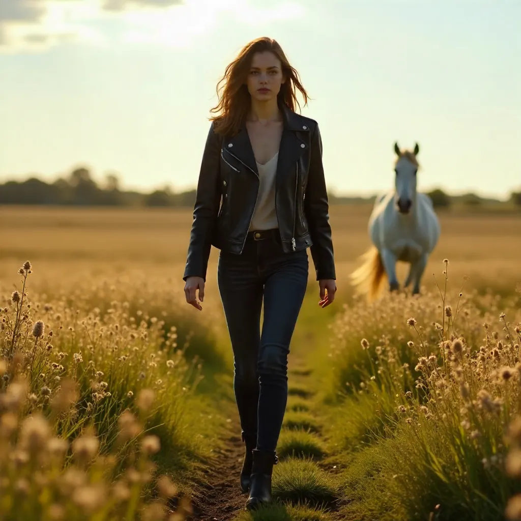 Leather Jacket Chic in a Field with a White Horse