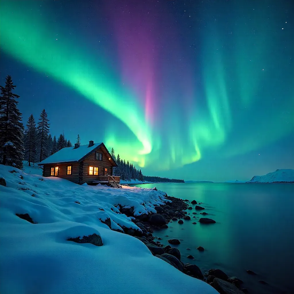 Aurora over the Snowy Coastal Night