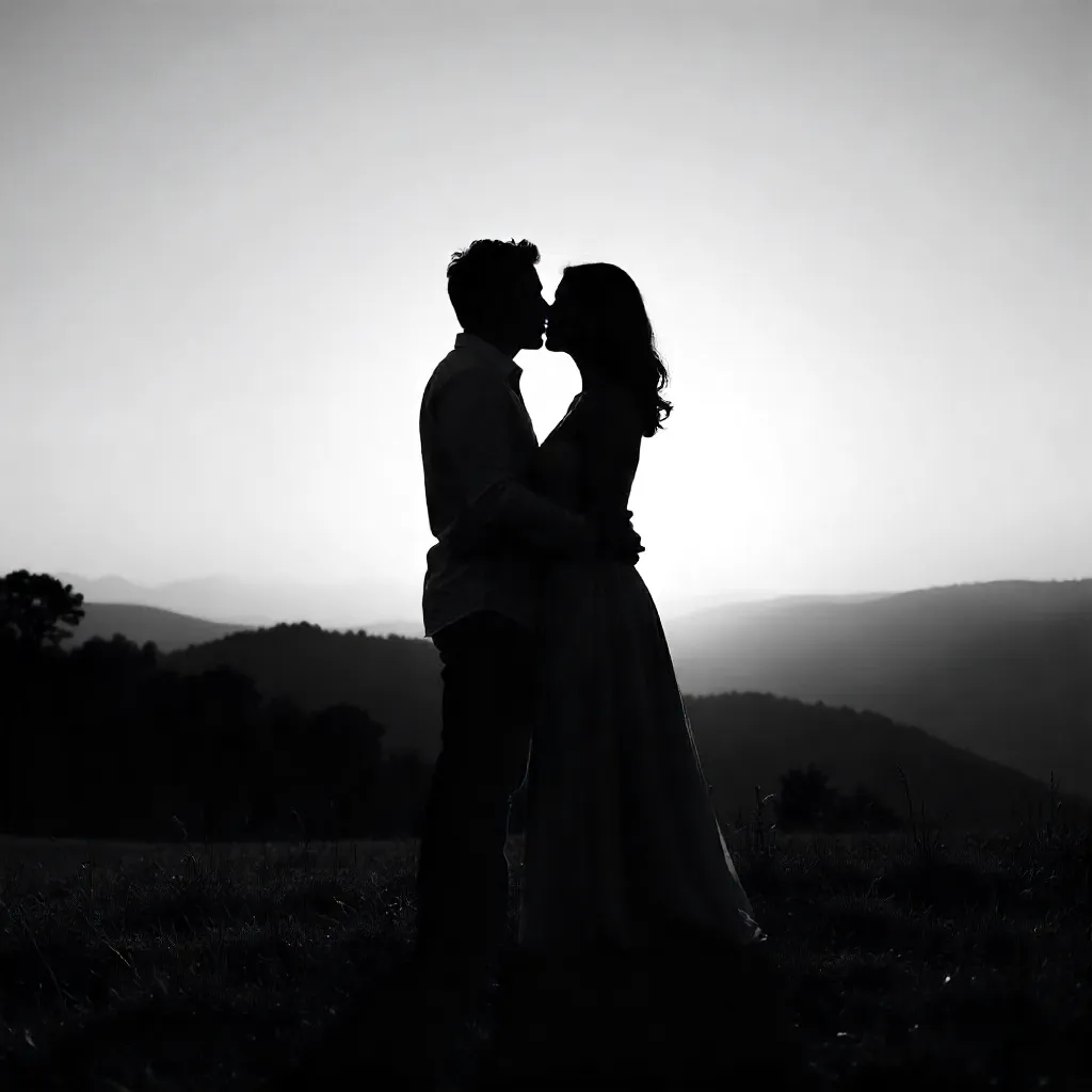 Romantic Silhouette: Lovers Embrace Outdoors