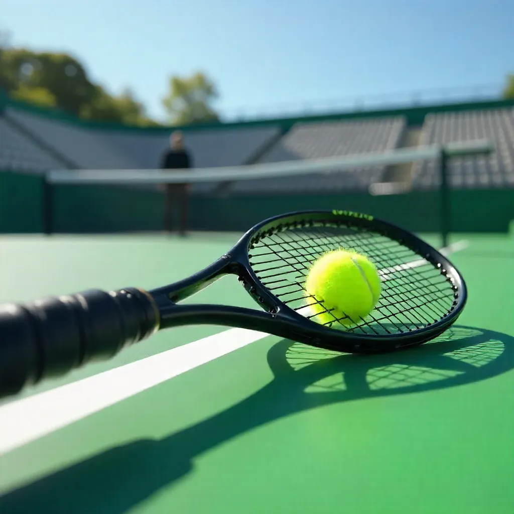 Tennis Racket and Ball on a Sunlit Court