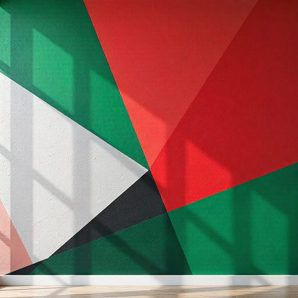 Vibrant Geometric Wall in Green, Red, and Gray