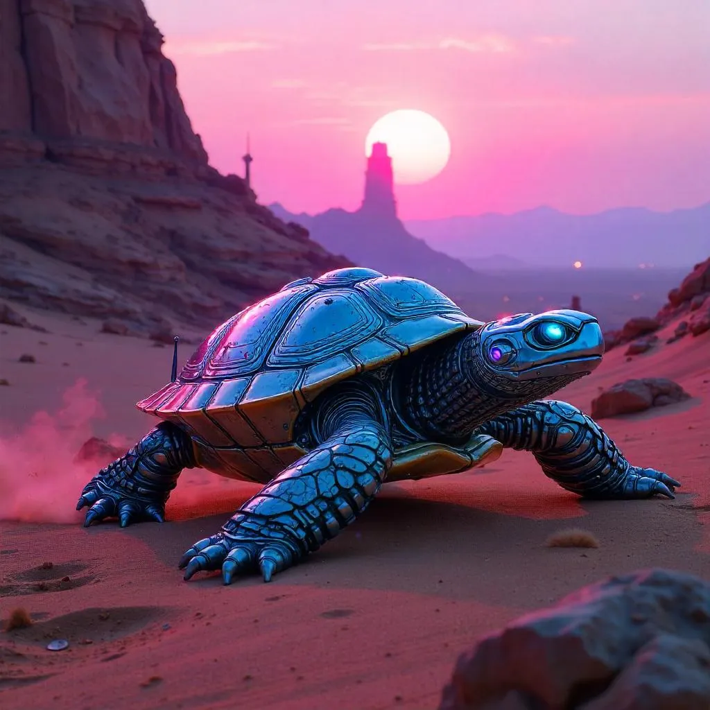 Cyberpunk Turtle on a Neon Mesa Landscape