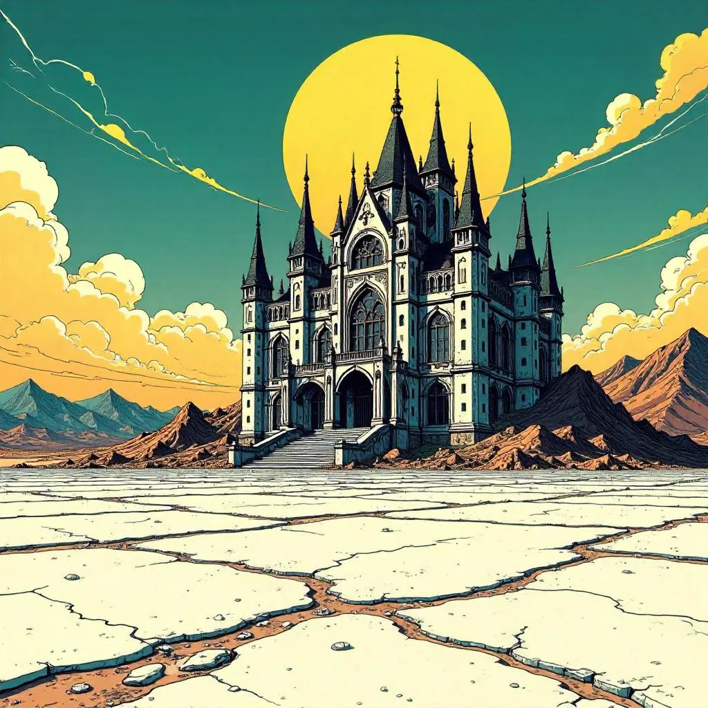 Salt Flat Mansion: Comic Panel Noir Under Harsh Sun