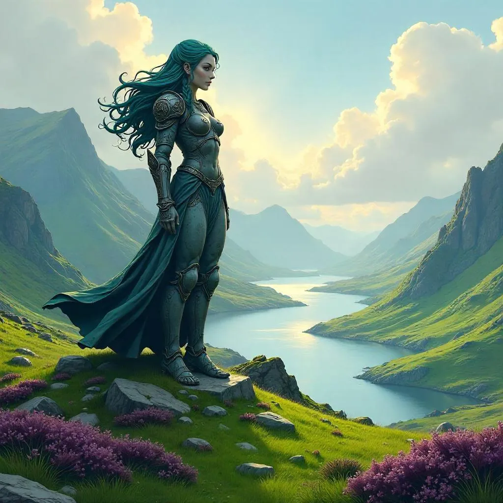 Anime-Style Guardian Statue in the Highland Mist