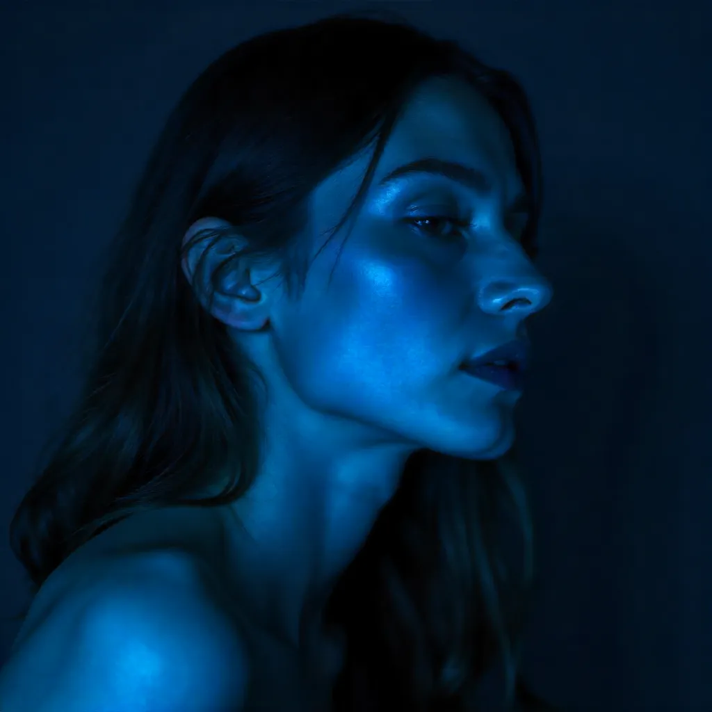 Blue-lit Blur: Moody Portrait of a Female Model