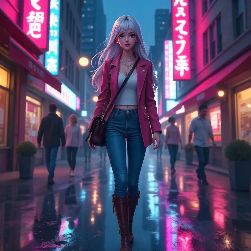 Anime-Style Beautiful Woman on Neon City Street
