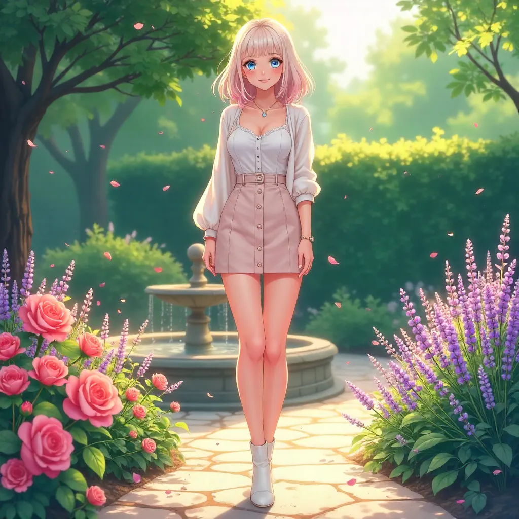 Anime Style Stylish White Woman in a Lush Garden