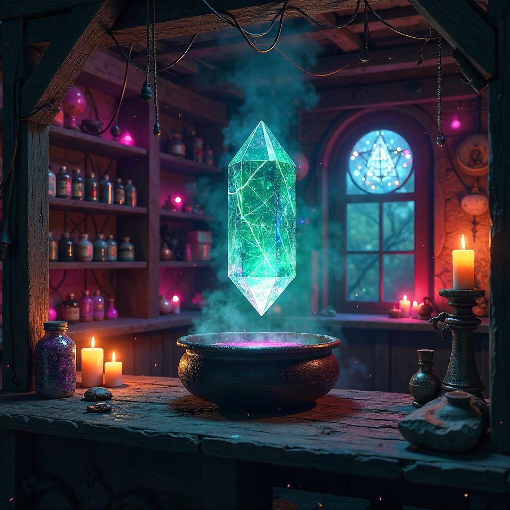 Crystal Entity in a Cyberpunk Witch Hut