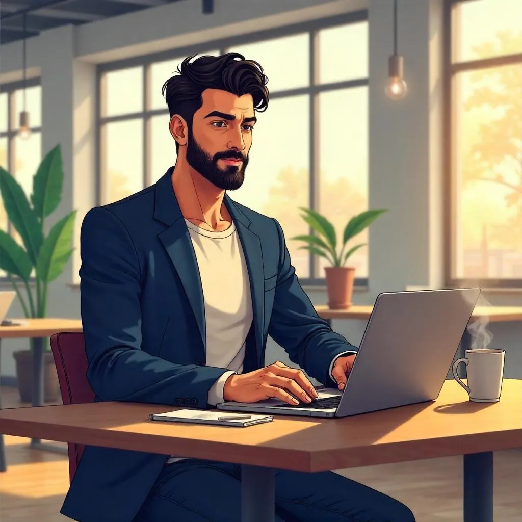 Handsome Middle Eastern Man in Anime Coworking Space