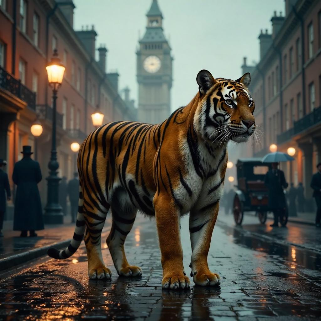Photoreal Tiger Wanders Foggy Victorian London
