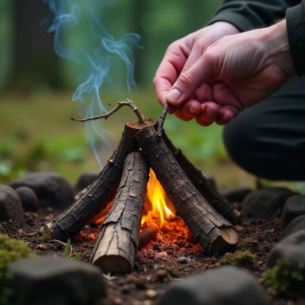 Close-up of Hands Stacking Kindling for Campfire