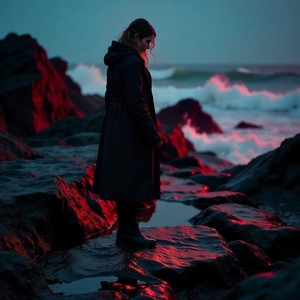 Red Night Contemplation on Rocky Shore
