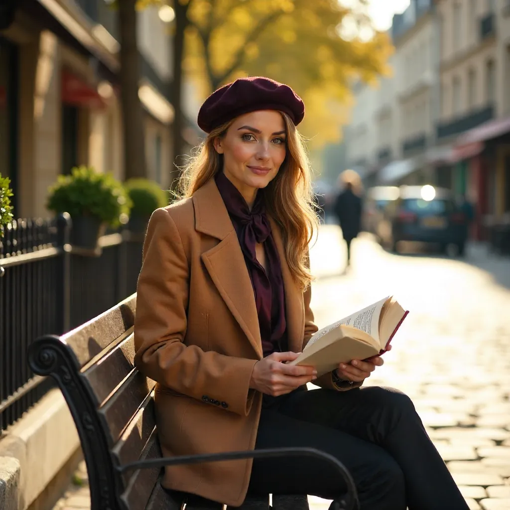 Elegantly Poised Beret-Wearing Woman with a Book Outdoors