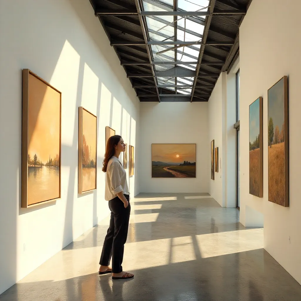 Sunlit Modern Gallery: Woman Contemplating Art