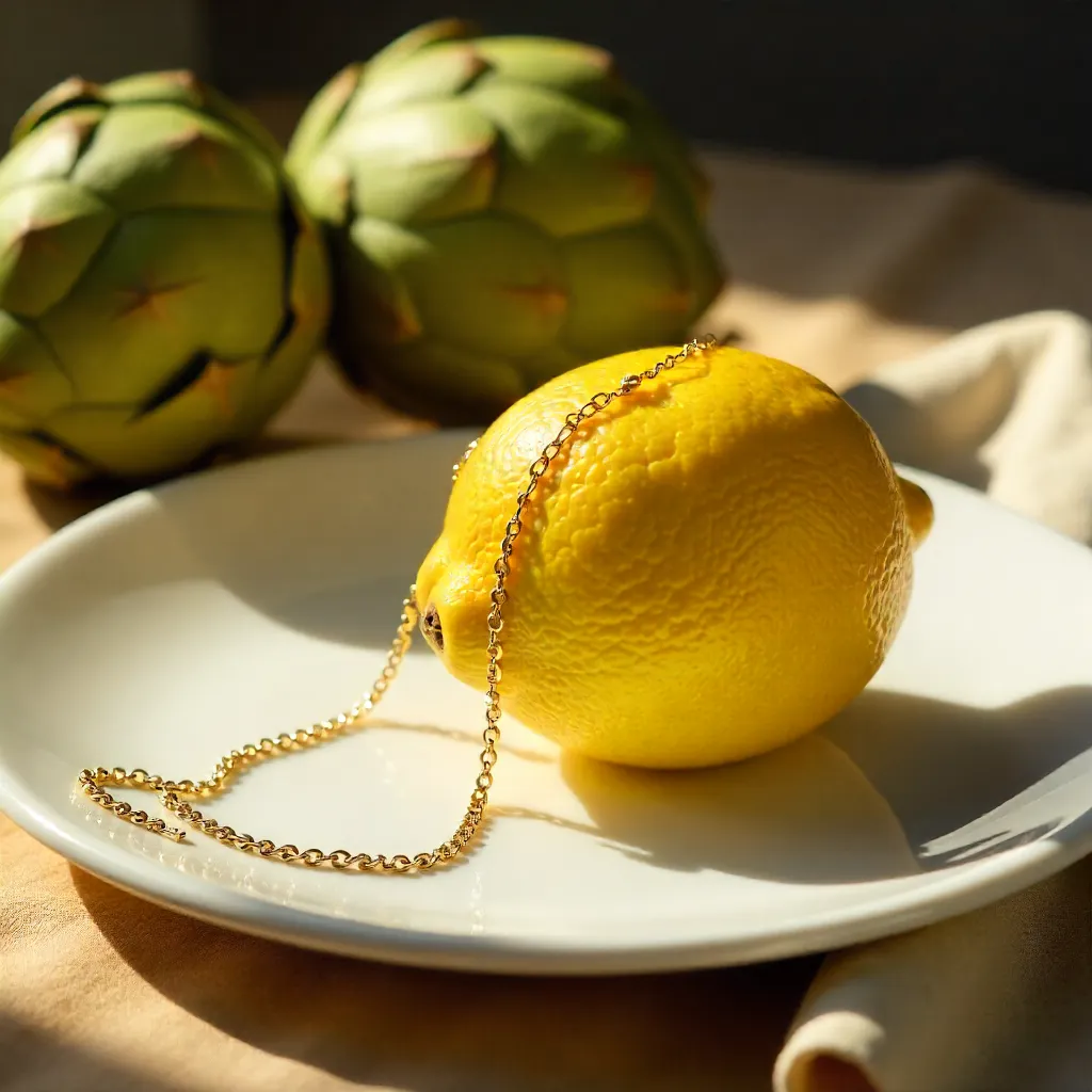 Lemon on Plate with Gold Necklace and Artichokes