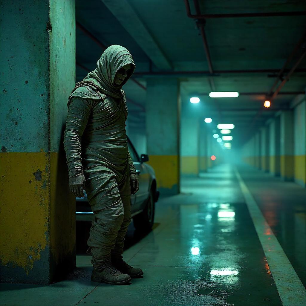 Photoreal Mummy Lurking in a Neon Parking Garage