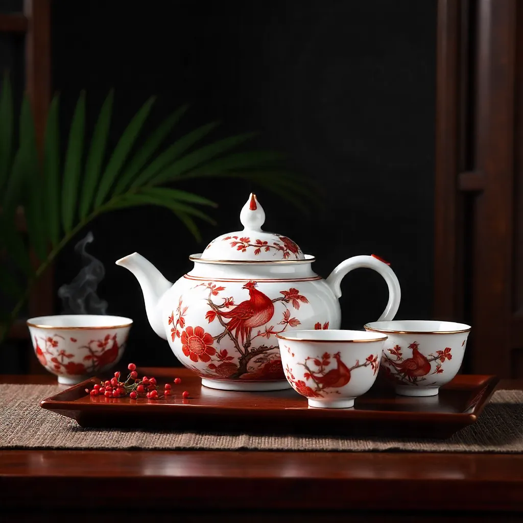 Crimson and Ivory Teapot Set on Dark Wooden Table