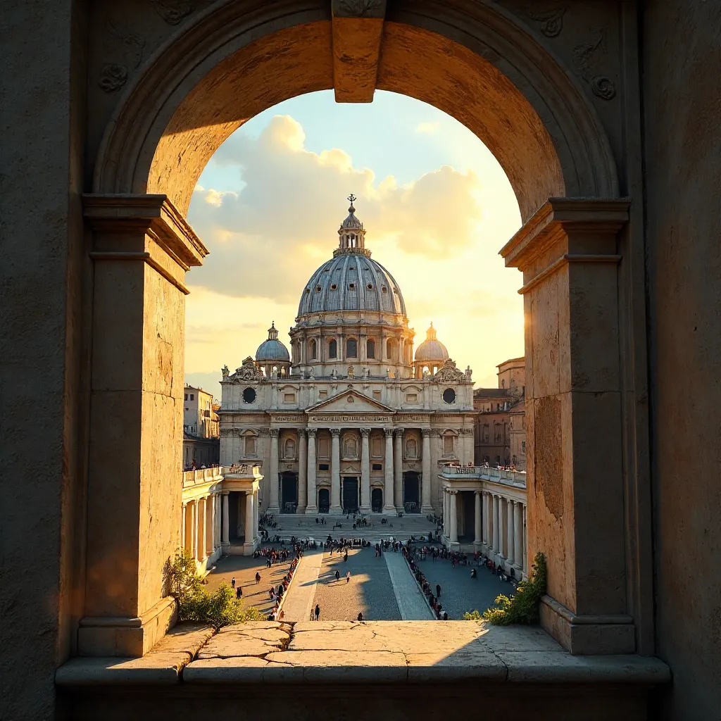 Historic Window in Rome Framing St. Peter's Basilica