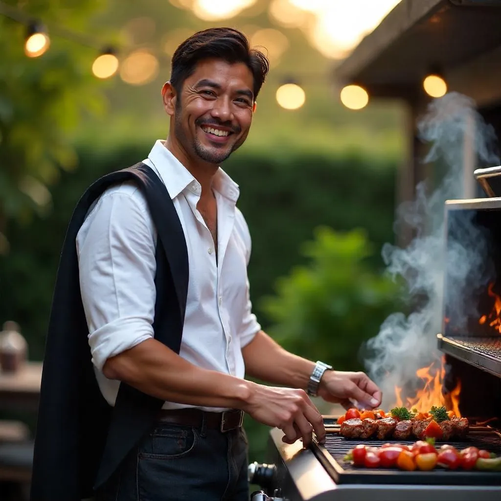 Stylish Asian Man Grilling at a Sunset Barbecue
