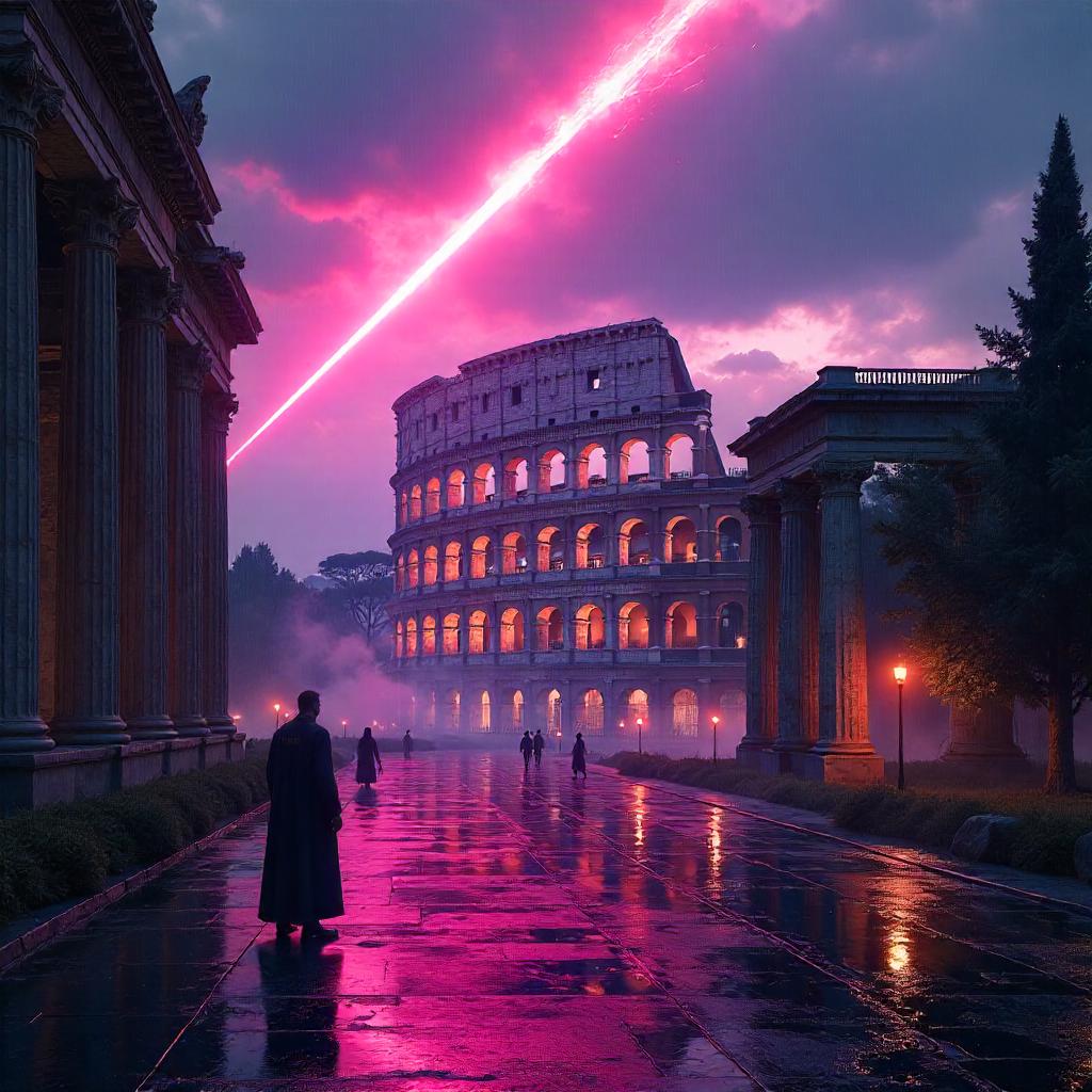 Neon Meteors Over Ancient Rome