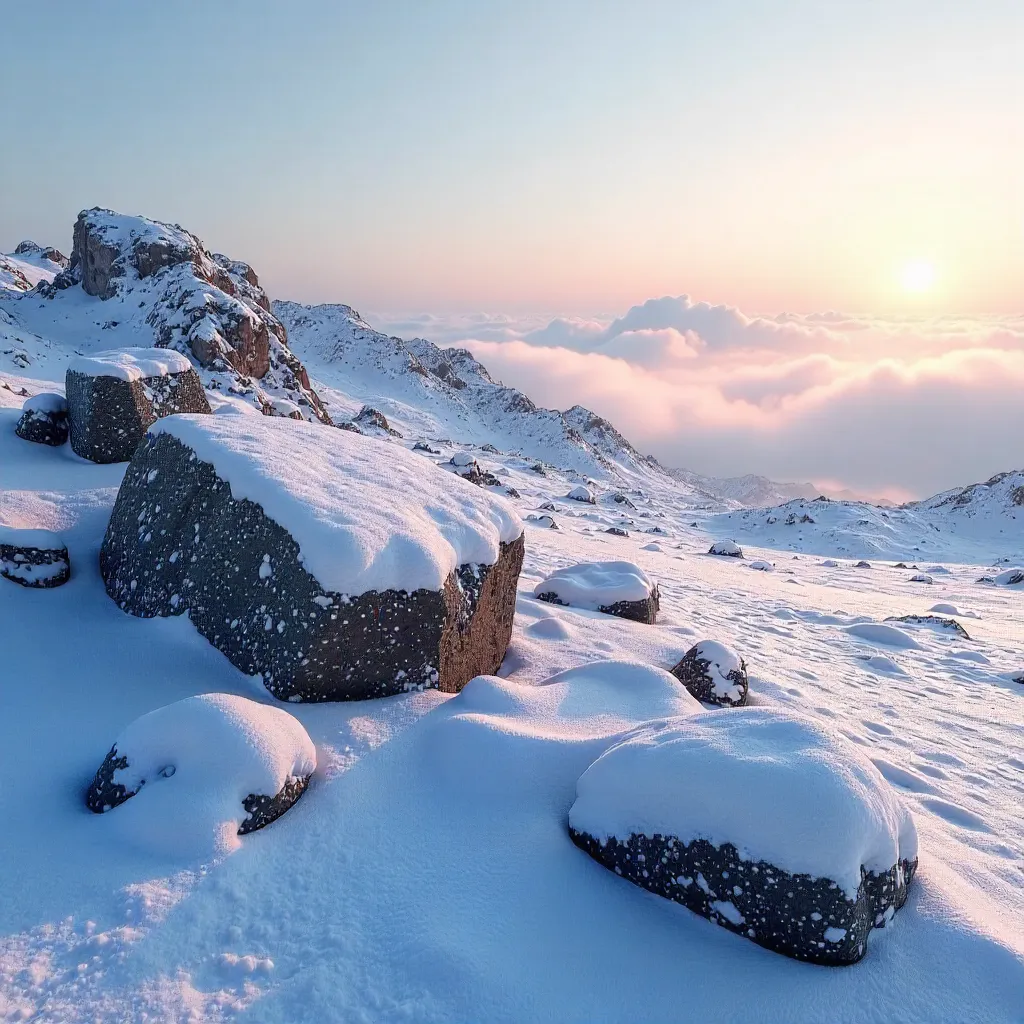 Serene Snow on Emirdağ Rocks with Distant Clouds