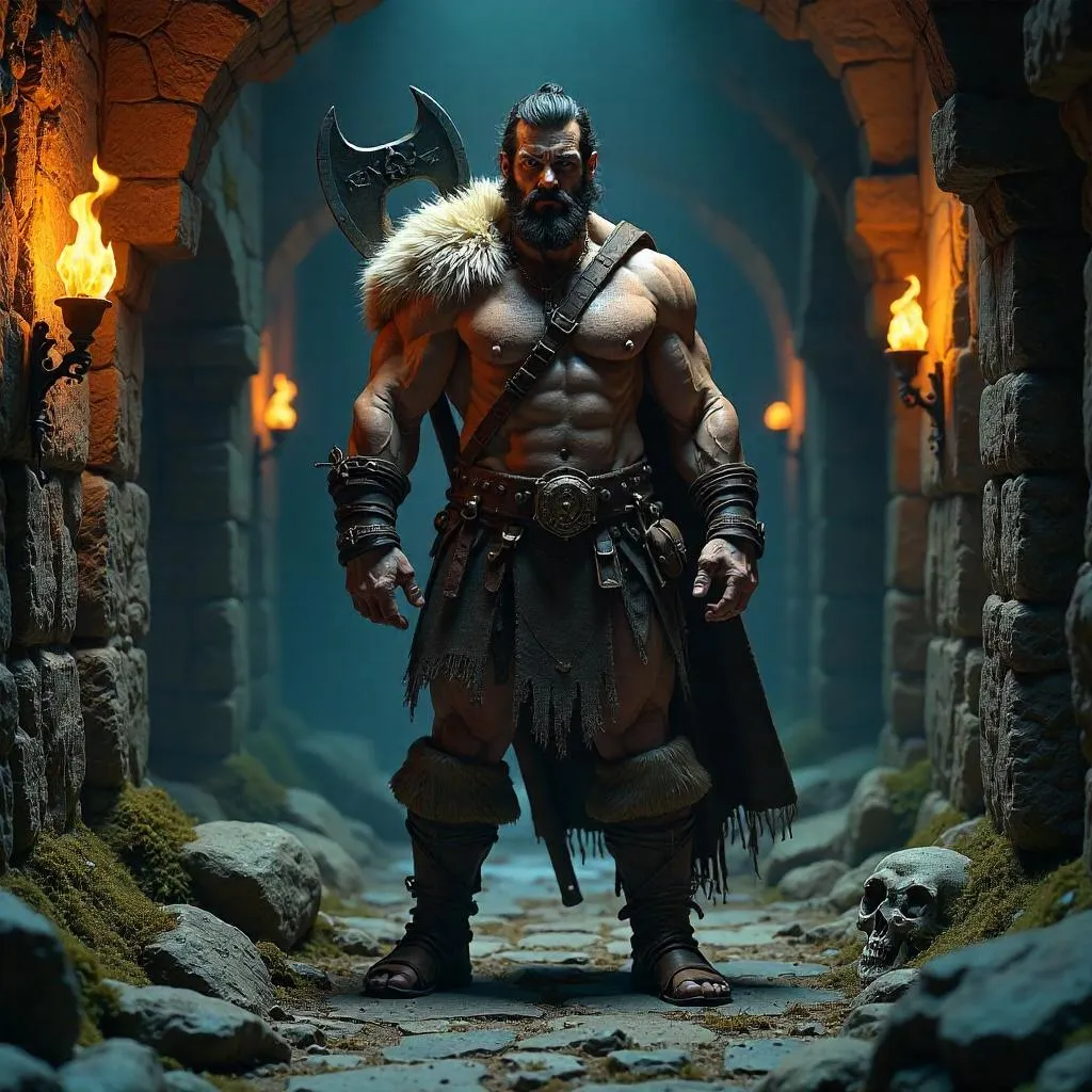 Barbarian in a Moonlit Crypt: 3D Render