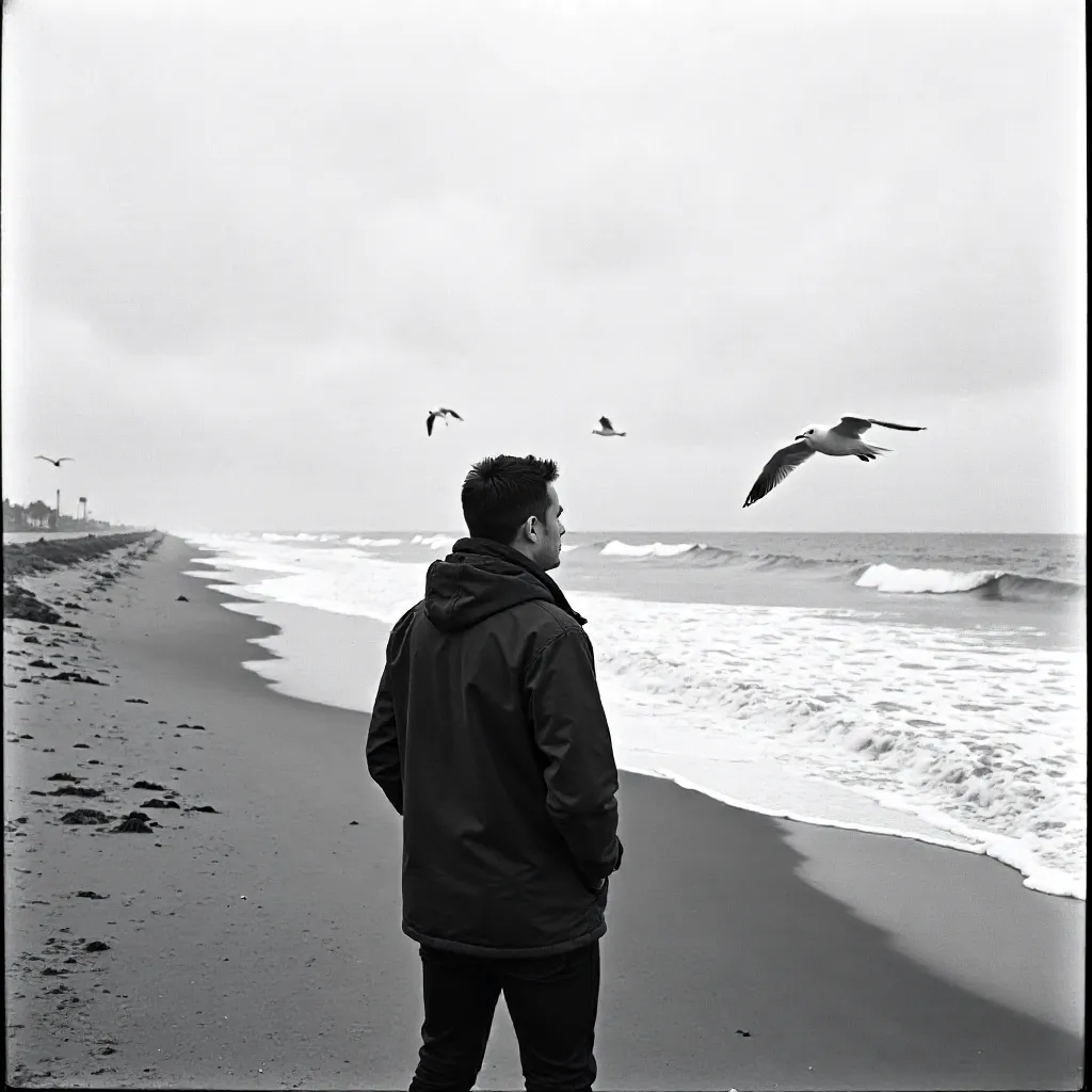 Black and White Seaside Moment: Watching Seagulls
