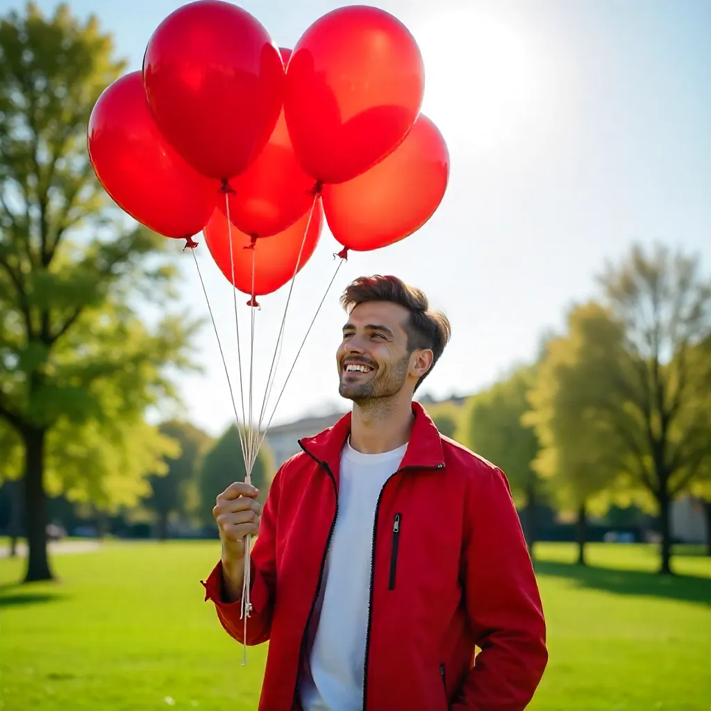Young Man in Red Jacket with Bright Balloons Outdoors