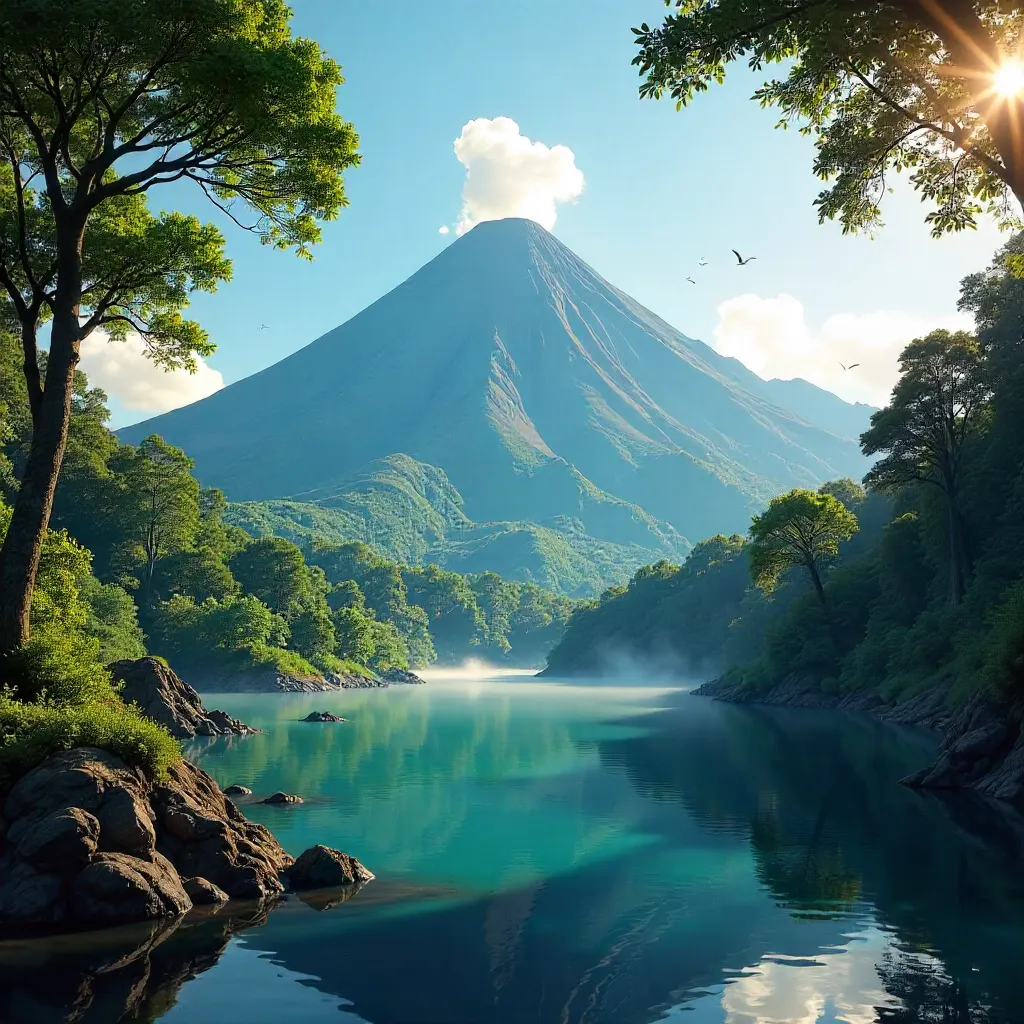 Majestic Volcano Above Lush Greenery under Clear Sky