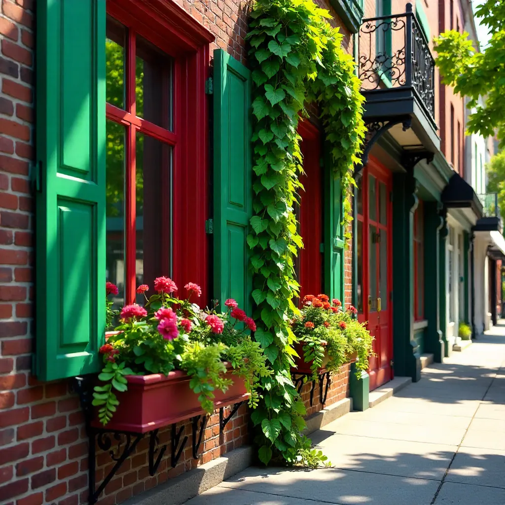 Vibrant Green-Red Urban Facade with Flowers