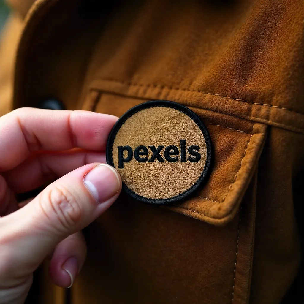 Close-Up of a Pexels Patch on a Brown Jacket