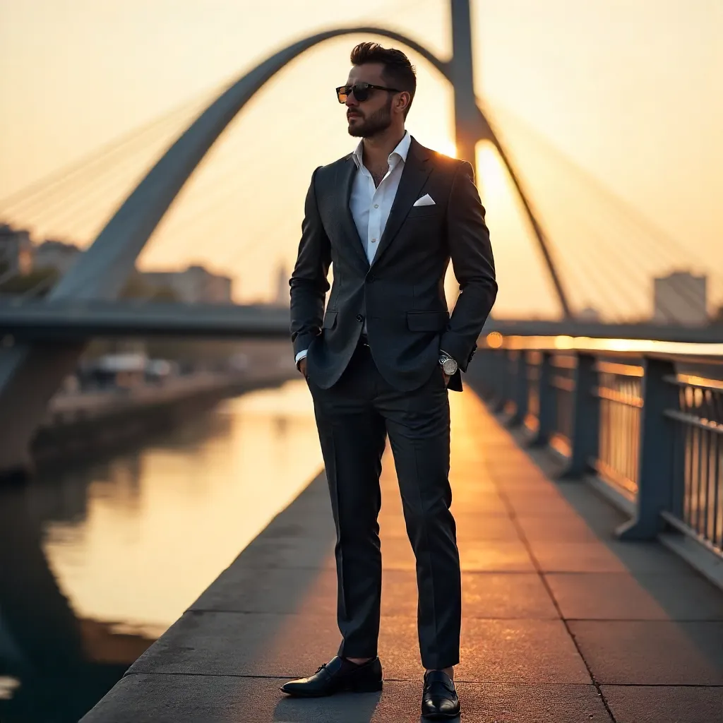 Confident Fashionable Man by the Sunset Bridge