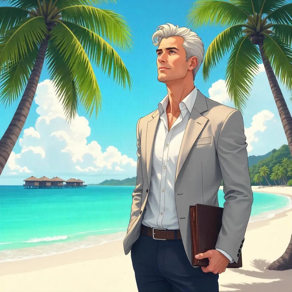 Anime-Style Professional White Man in Tropical Paradise