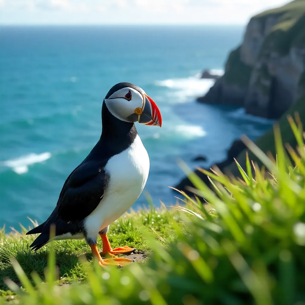 Atlantic Puffin on Grass by the Ocean