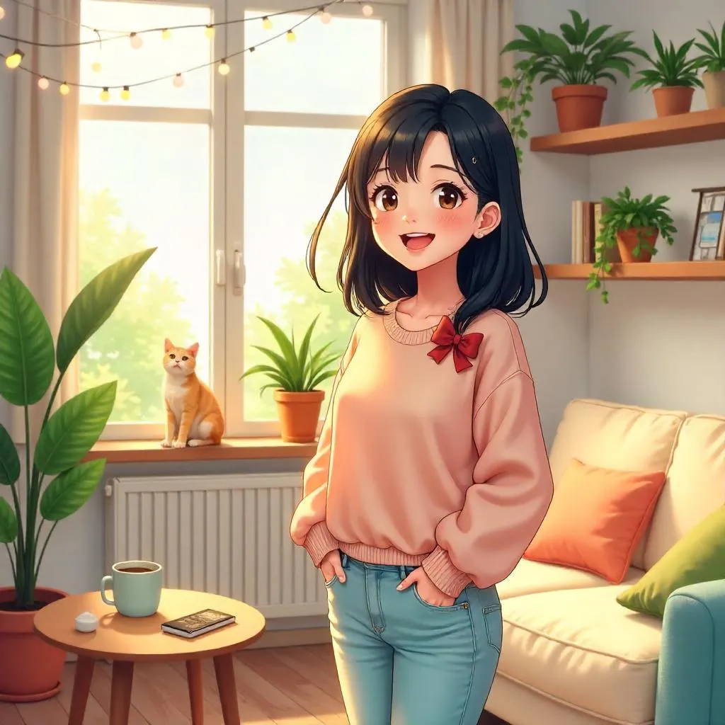 Cheerful Asian Woman in a Cozy Anime Apartment