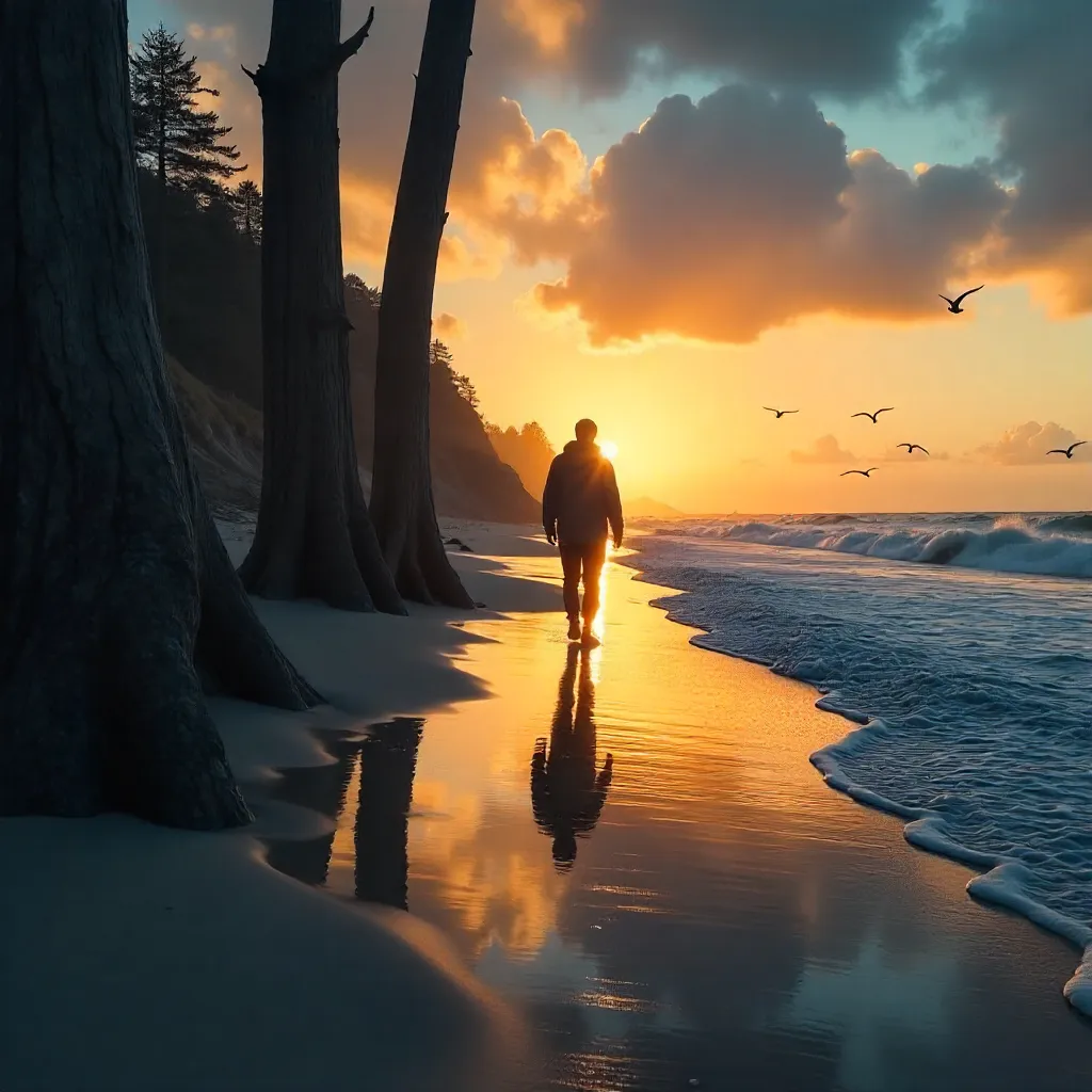 Silhouette Walks Among Driftwood at Sunset Beach