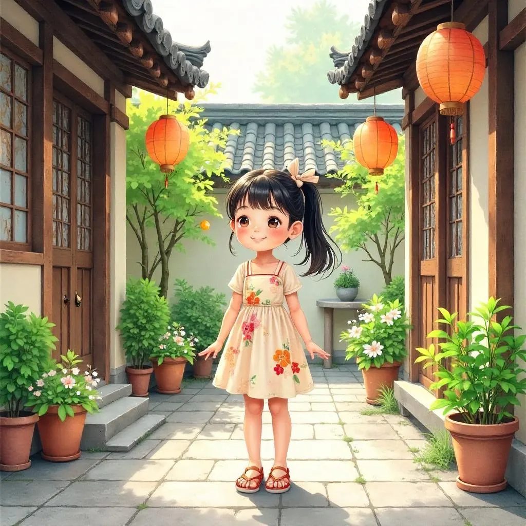 Cheerful Asian Girl in a Watercolor Courtyard